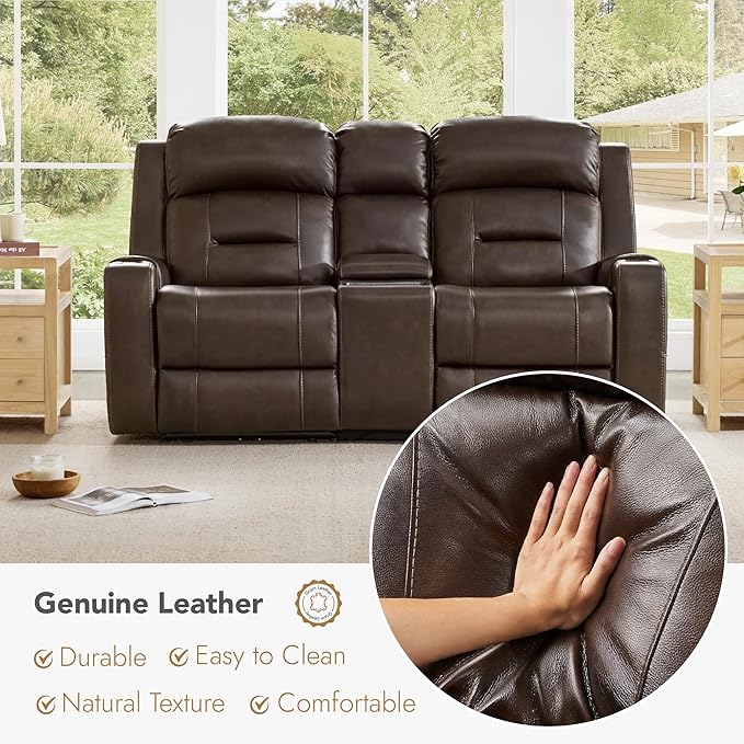 Watson & Whitely Genuine Leather Power Loveseat and Recliner Sofa Set, Lay Flat Reclining Couch with Console, Power Headrest, USB & Wireless Charging, Cup Holders for Living Room, Dark Brown