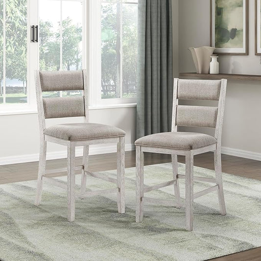 Lexicon Counter Height Chairs, Set of 2, Wooden Kitchen Chairs with Light Gray Textured Fabric Upholstered Seats and Back Rest, Counter Stools for Kitchen/Dining Room, 25.5" SH, Brushed Antique White