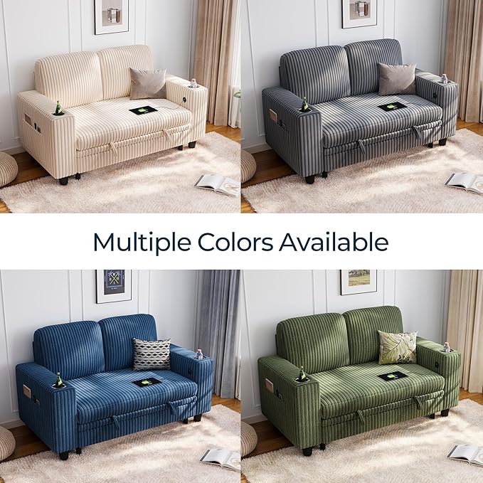 LINSY HOME Sectional Sleeper Sofa Bed, Corduroy Pull Out Couch for Living Room (Beige,Small Couch)|USB Ports, Cup Holder, Side Pocket|2 Seater Convertible Sofa Bed| Apartment Guest Room, Loveseat | Plush Corduroy