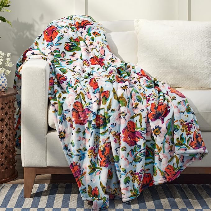 Vera Bradley Women's Oversized Fleece Plush Throw Blanket, Sea Air Floral, Twin/Twin XL