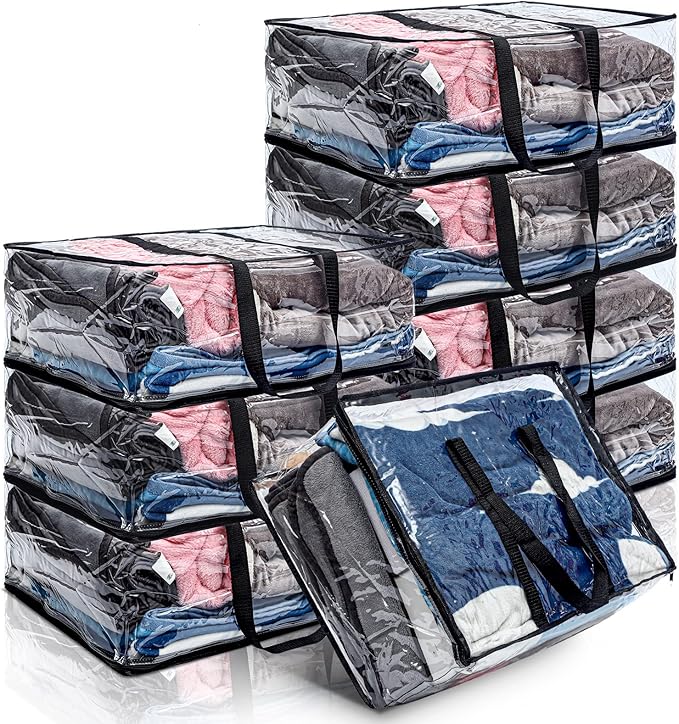 8 Pcs Clear Zippered Storage Bags Closet Organizer Vinyl Bag with Reinforced Handle Clothes Storage Organizer Transparent Moving Bags Totes for Bedding Linen. (60 L, 23.6x16.5x9.5 In, Clear, Black)