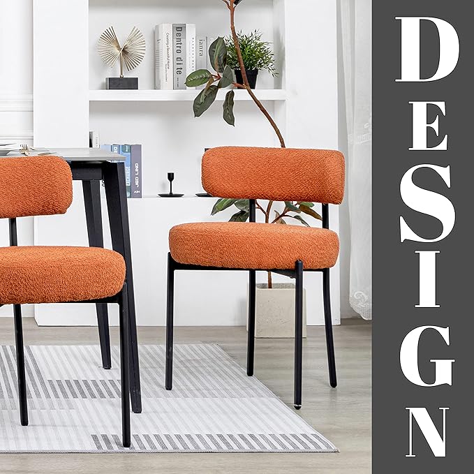 DYHOME Dining Chair One Chair for Kitchen Dining Room,Upholstered Modern Boucle Dining Chair with Black Metal Legs Curved Backrest, Orange