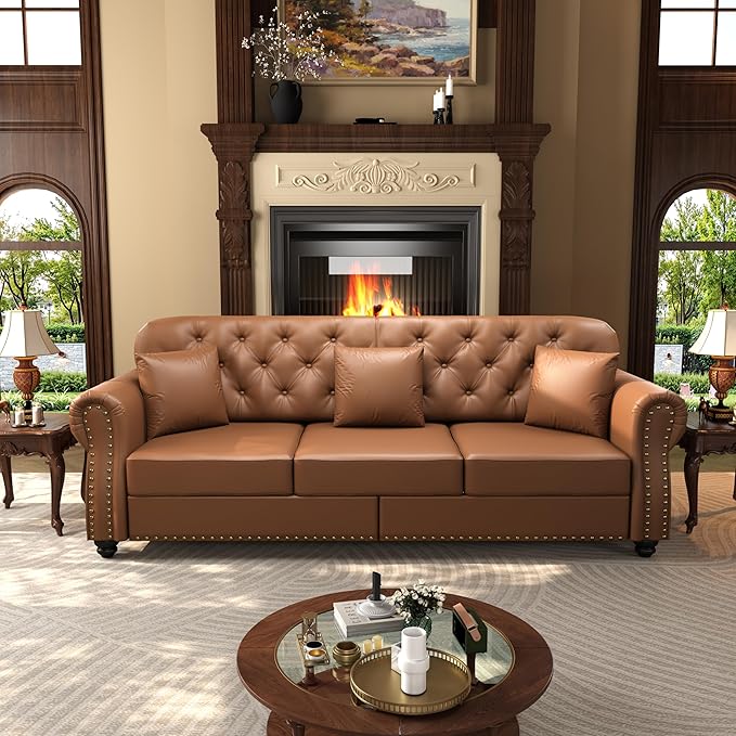 KEIKI 2-Piece Chesterfield Sofa Set with 1 Faux Leather 3-Seater Sofa & 1 Loveseat Sofa, Upholstered 5-Seater Couch Set with Nailhead Trim & Rolled Arms & 1 Ottoman & 5 Pillow, for Living Room, Brown