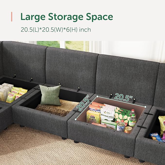 HONBAY Modular Sectional Sofa Couch with Storage, Modern U Shaped Sectional Sofa, Convertible Sectional Couch for Living Room - Snowflake Velvet Grey