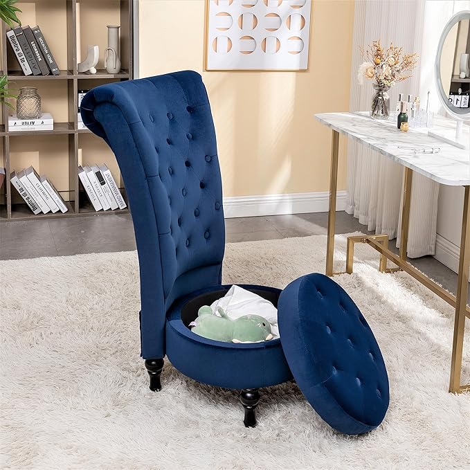 Royal High-Back Velvet Accent Chair for Vanity with Storage and Luxurious Upholstery, Retro Design and Versatile Usage for Living Room, Bedroom, Lounge and Office, Dark Blue