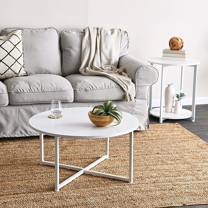 Household Essentials Jamestown Round Side End Table with Storage Shelf Scandinavian White and White Metal