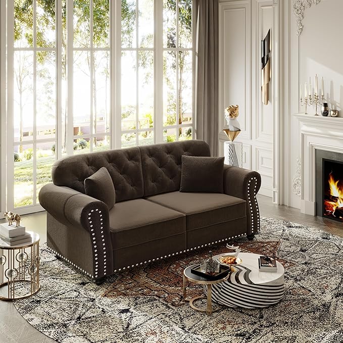 KEIKI 63" Velvet Chesterfield Sofa with Rolled Arms & Nailhead Trim, Modern Upholstered 2-Seater Button Tufted Couch with High Resilience Cushion & 2 Pillow, Easy Assembly, for Living Room, Brown