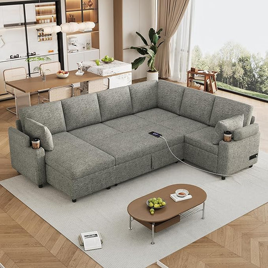 ERYE U Shaped Pull Out Sleeper Sectional Sofa Bed Modern Corner Convertible Sleeper Couch with Left Facing Storage Chaise, Cupholders, Charging Ports and Armrests Storage