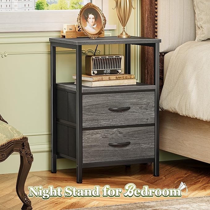 Huuger Night Stand Set of 2, Nightstand with 2 Drawers, Bed Side Table with Open Shelf, Wooden Top, End Table, Fabric Drawer, for Bedroom, Gery