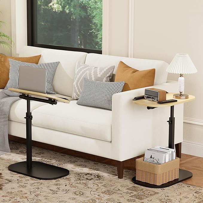 C Shaped End Side Table with Anti-Drop Rod, Adjustable Height & 360° Swivel Snack Table for Couch, Sofa, Bedroom, Living Room, TV Tray Table for Eating, Dinner or Laptop, Small Spaces, Wood