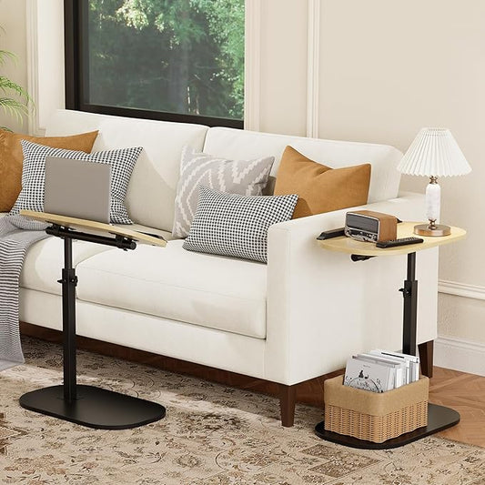 C Shaped End Side Table with Anti-Drop Rod, Adjustable Height & 360° Swivel Snack Table for Couch, Sofa, Bedroom, Living Room, TV Tray Table for Eating, Dinner or Laptop, Small Spaces, Wood