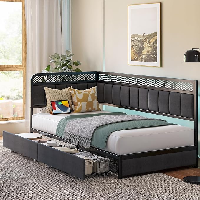 LIKIMIO Twin XL Corner Bed Frame with Storage Drawers and Charging Station, Modern Twin XL Daybed with LED Lights and Upholstered Guardrail, Gray