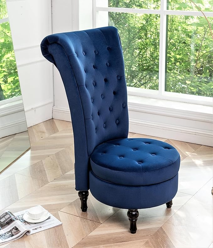 Royal High-Back Velvet Accent Chair for Vanity with Storage and Luxurious Upholstery, Retro Design and Versatile Usage for Living Room, Bedroom, Lounge and Office, Dark Blue