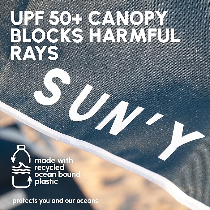 SUN'Y ESCAPES Beach Umbrella - UPF 50+ Recycled Ocean Bound Fabric Canopy, Wind Resistant with Sand Anchor & Tilt - Portable with Carry Bag