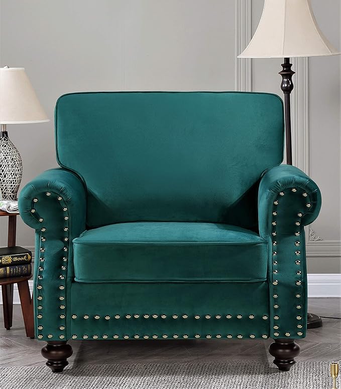 Container Furniture Direct Lotus Mid Century Modern Velvet Upholstered Living Room Rolled Arms, Chair, Pine Green