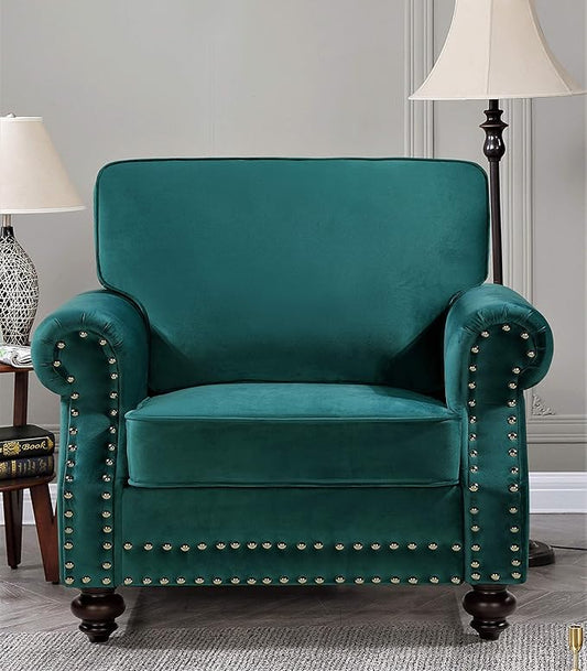 Container Furniture Direct Lotus Mid Century Modern Velvet Upholstered Living Room Rolled Arms, Chair, Pine Green