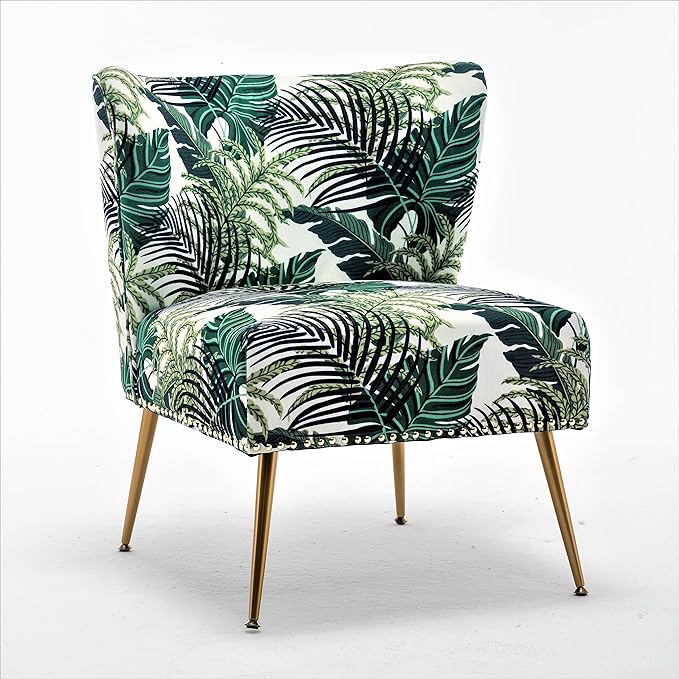 Thia Armless Accent Chair for Living Room, Elegant Seat with Nailhead Trim, Gold Metal Legs and Comfortable Curved Back, 28" D x 25" W x 29.5" H, 01 Floral Print