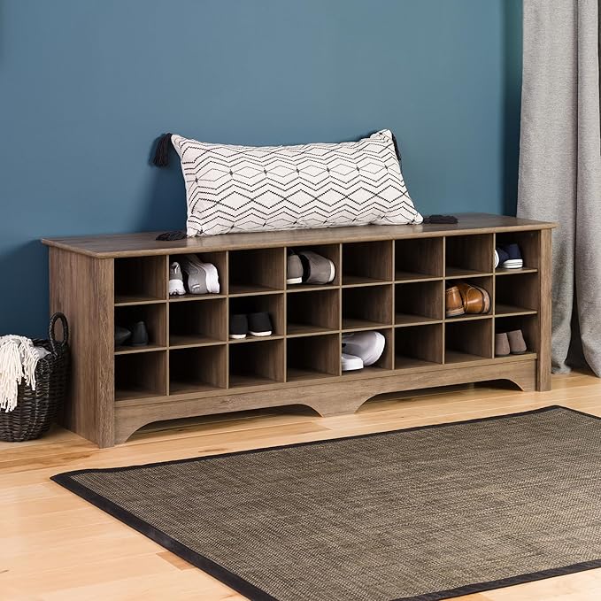 Prepac 24 Pair Shoe Cabinet, Entryway Bench, Mud Room Organization and Storage Bench with 24 Shoe Cubbies, Drifted Gray, 15.5"D x 60"W x 20.25"H
