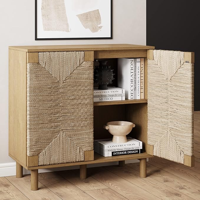 Nathan James Beacon Accent Natural Sideboard Storage Cabinet TV Stand in Light Wood with Adjustable Interior Shelf and Seagrass Doors, for Hallway, Entryway or Dining Room, Light Brown, Set of 4