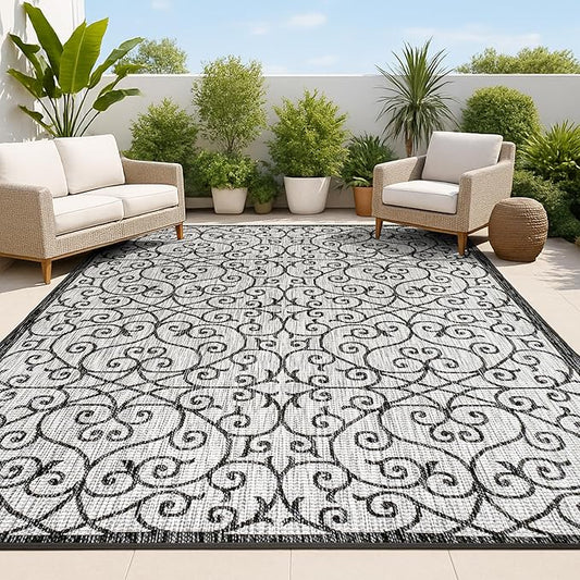 JONATHAN Y Vintage Filigree Indoor Outdoor Area Rug 9X12 Light Gray/Black, Madrid Textured Weave for Backyard, Patio, Porch, Easy-Cleaning, High Traffic, Pet-Friendly, Non-Shedding (SMB107E-9)