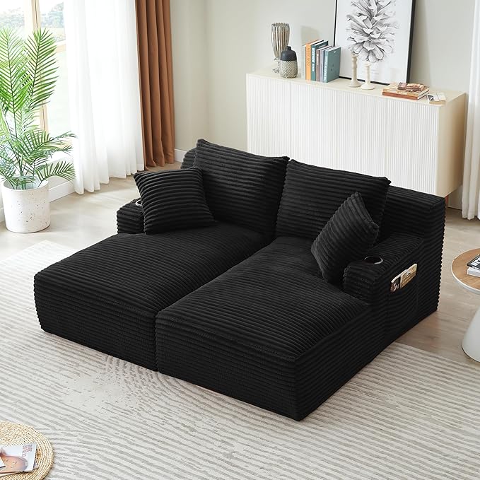 Eafurn Oversized Double Chaise Lounge Indoor with Cup Holders & Side Pocket, 71" Plush Corduroy Boneless Chaise Lounge Sofa with High Density Sponge & Deep High Seat Comfy Sleeper Couch Bed | Breathable material, No Assembly, 52" Deep Seat, 19.7" High ...