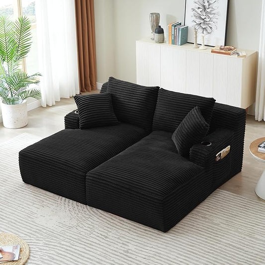 KEIKI Compressible Double Chaise Lounge with Cupholders, Fluffy Corduroy Sleeper Loveseat for Living Room Relaxation, Boneless Chaise Lounge Indoor with Spring Padding, No Assembly Required