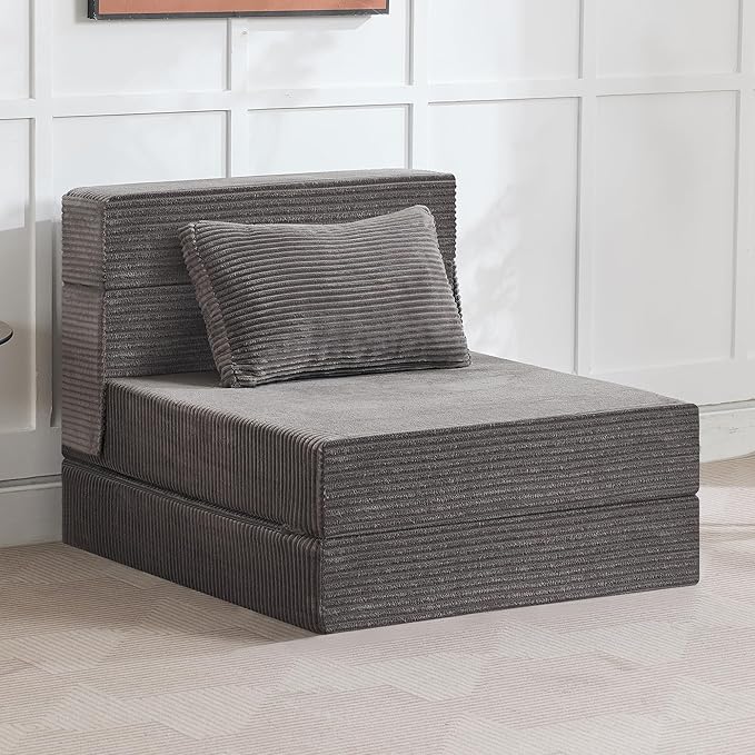 WUTUTUEE Folding Sofa Bed Convertible Floor Couch Foldable Chair Bed with Pillow，Linen Sleeper Chair Futon,Foldable Memory Foam Mattress for Bedroom/Living Room/Dorm/Office (Corduroy Grey, Single)