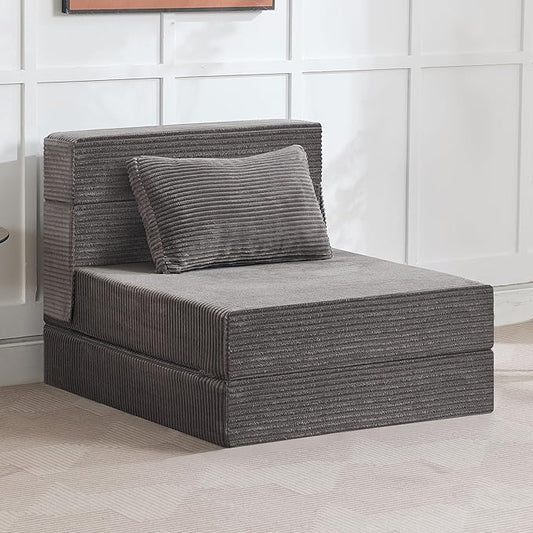 WUTUTUEE Folding Sofa Bed Convertible Floor Couch Foldable Chair Bed with Pillow，Linen Sleeper Chair Futon,Foldable Memory Foam Mattress for Bedroom/Living Room/Dorm/Office (Corduroy Grey, Single)