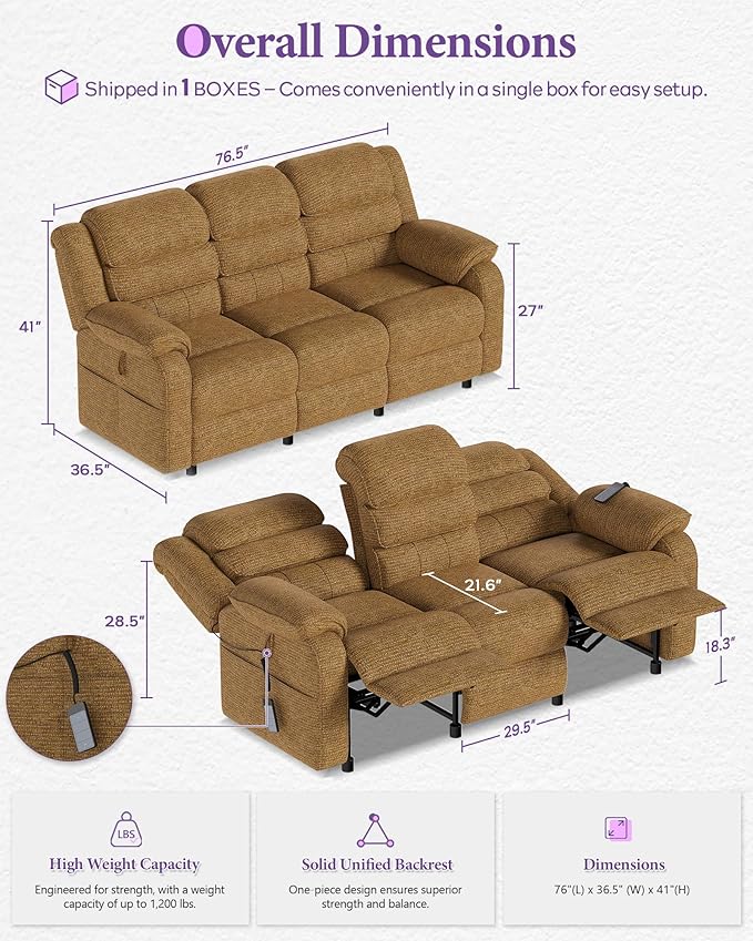 TYBOATLE Power Reclining Sofa, 3 Seater Electric Reclining Sofa with Dual Motors and Remote Control, Chenille Couch w/Side Pockets for Living Room,Game Room, 76.5" Wide (Brown)