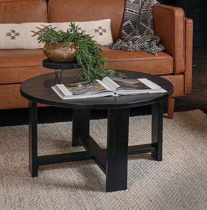 Creative Co-Op Elegant Acacia Trestle Round Coffee Table, Black