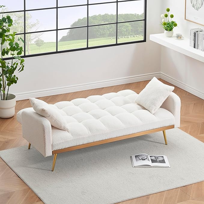 Eafurn Padded Convertible Futon Sofa Bed, Teddy Fleece Fabric Futons Loveseat Couch with Adjustable Backrest, Folding Sleeper Recliner Sofabed for Living Room Furniture | Golden Legs, Wood Frame