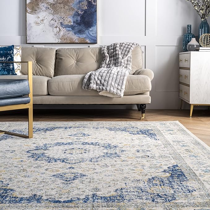 Nuloom Verona Blue/Off-White, 8'10" x 12', Vintage Medallion, Soft and Cozy, High Traffic, Stain Resistant, Easy Clean, Durable Area Rug for Bedroom, Living Room, Dining Space, Den, Foyer, Entryway