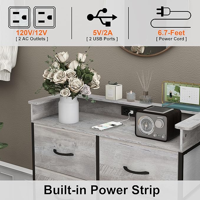 Dresser for Bedroom with Charing Station Grey Dresser with LED Lights Tall Dressers with 8 Drawers Storage Tower for Closet Living Room Hallway Entryway Sturdy Steel Frame Wood Top