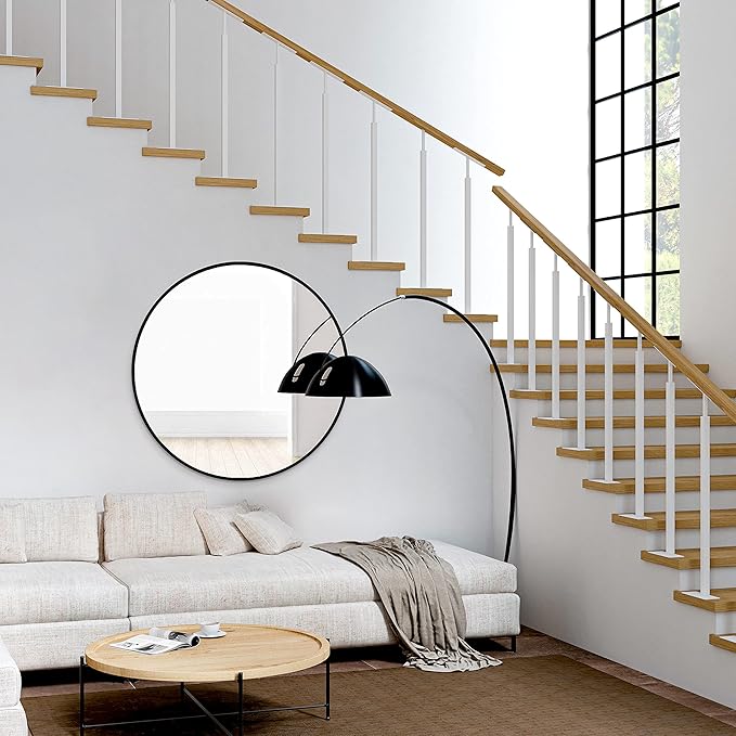 24 inch Round Mirror Black Metal Framed Wall Mount Bathroom Vanity Real Glass Circle Mirror for Home, Entryway, Living Room, Bedroom