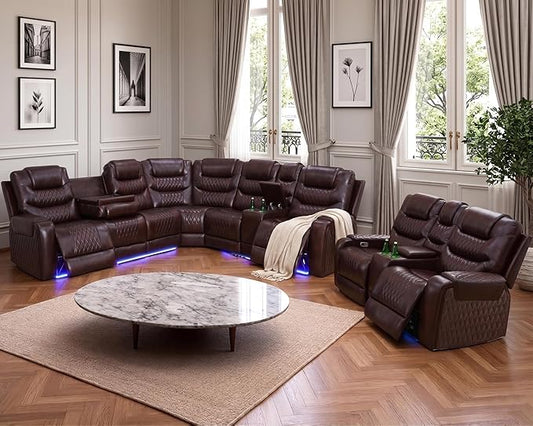 Power Recliner Sectional Sofa with LED, Breathing Leather Reclining Sectional Couch, L Shaped Couch with Dual Recliners, USB Port, Cup Holder&Storage (Dark Red, Sectional+Loveseat(8 Seats))