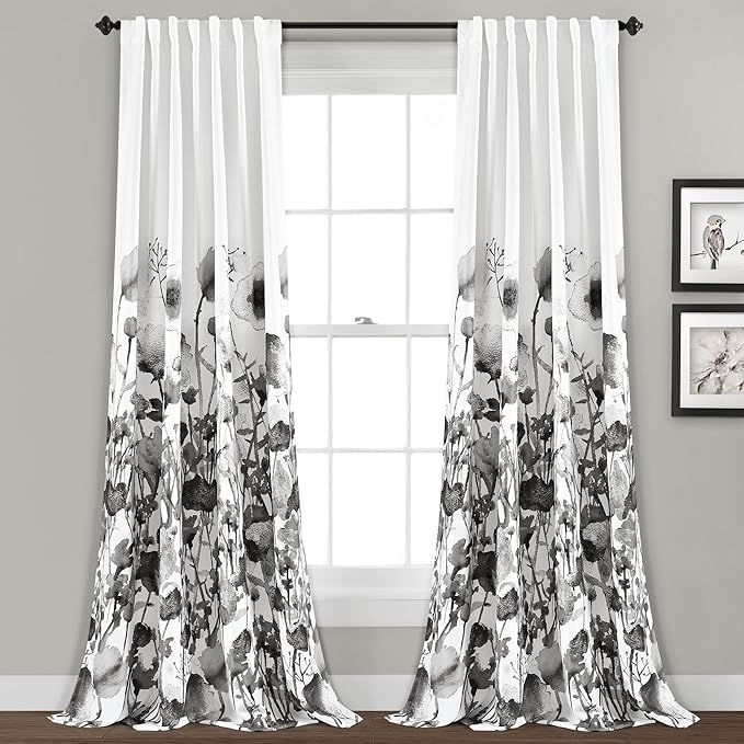 Lush Decor Zuri Flora Light Filtering Window Curtain Panel Pair, 52" W x 84" L, White & Black