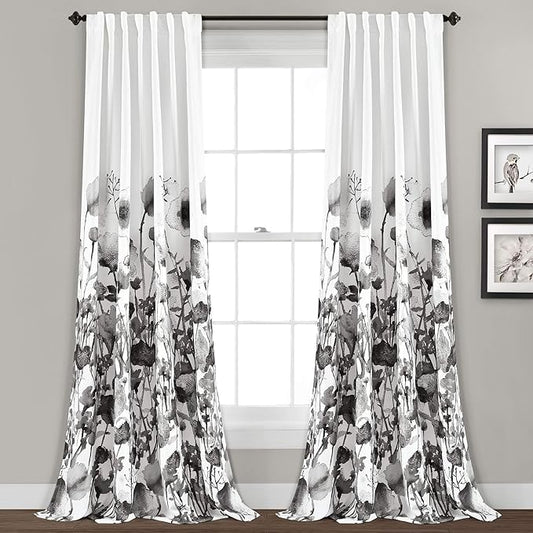 Lush Decor Zuri Flora Light Filtering Window Curtain Panel Pair, 52" W x 84" L, White & Black