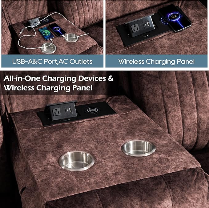 Zero Gravity Power Reclining Sofa with Adjustable Headrest, Electric Reclining Couch with Wireless Charge, USB Ports, Power Loveseat Recliner Sofa for Living Room(Brown-Sofa)
