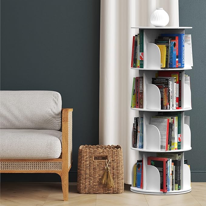 Houseables Rotating Bookshelf, Revolving Bookcase, Spinning Book Shelf, 4 Tier, White, Wood, 360 Degrees Bookshelves, Floor Stand, Rotation Display Tower, Stackable, Round, Turning, for Kids, Children