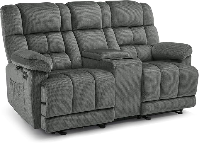 MCombo Zero Gravity Power Loveseat Recliner with Console, Heat and Vibration Massage, Reclining Loveseat Sofa with USB Ports, Cup Holders for Living Room, Fabric RS6234 (Grey)