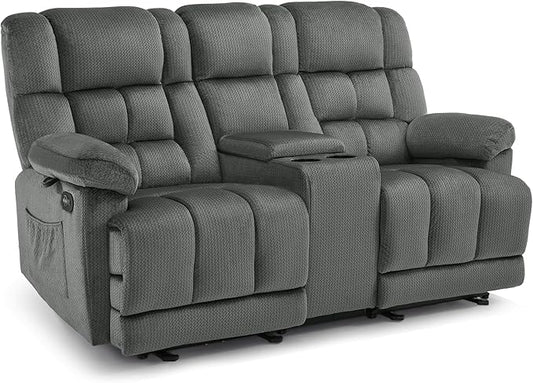 MCombo Zero Gravity Power Loveseat Recliner with Console, Heat and Vibration Massage, Reclining Loveseat Sofa with USB Ports, Cup Holders for Living Room, Fabric RS6234 (Grey)