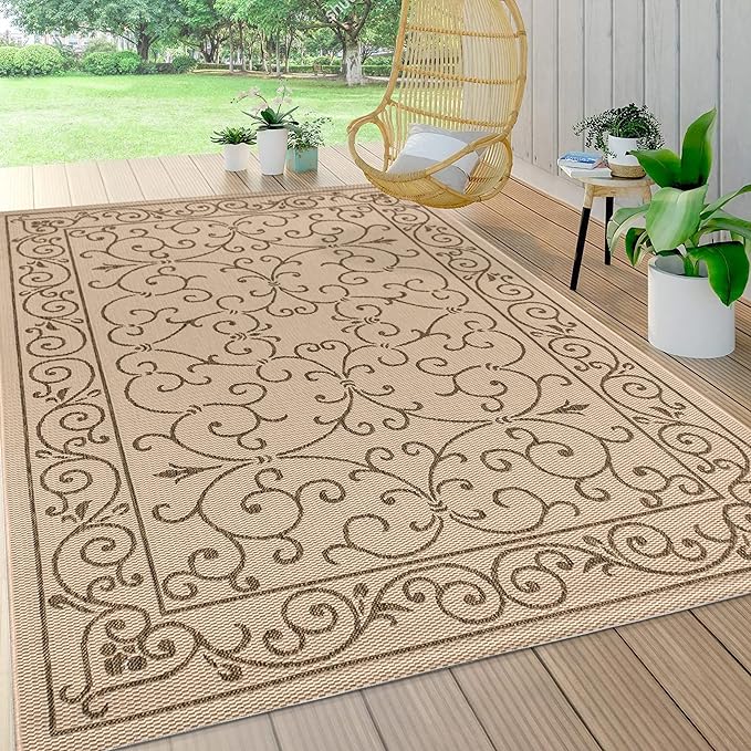 JONATHAN Y Vintage Filigree Indoor Outdoor Area Rug 8X10 Beige/Brown, Charleston Textured Weave for Backyard, Patio, Porch, Easy-Cleaning, High Traffic, Pet-Friendly, Non-Shedding (SMB106A-8)