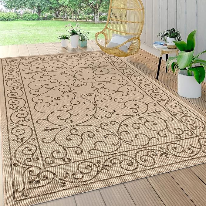 JONATHAN Y Vintage Filigree Indoor Outdoor Area Rug 3X5 Beige/Brown, Charleston Textured Weave for Backyard, Patio, Porch, Easy-Cleaning, High Traffic, Pet-Friendly, Non-Shedding (SMB106A-3)