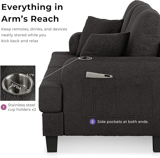Homes: Inside + Out Reese Modern Plush Boucle Comfortable Loveseat with Side Pockets, Cup Holders and Pillows, Wooden Soft Couch for Living Room, Bedroom and Office, Beige