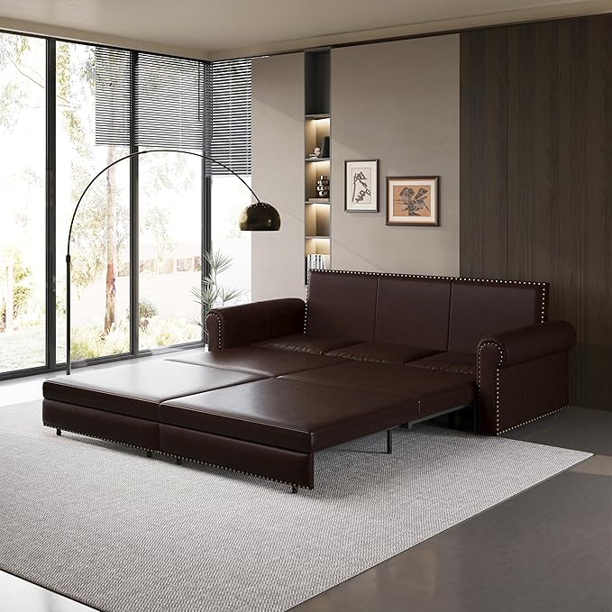 Eafurn 93.7" King Size Pull Out Sofa Bed, 3-in-1 Convertible Sleeper Sofa Couch Bed with Nailhead Decor and Rolled Arms, Faux Leather Oversized Chesterfield Loveseat Chaise Lounge