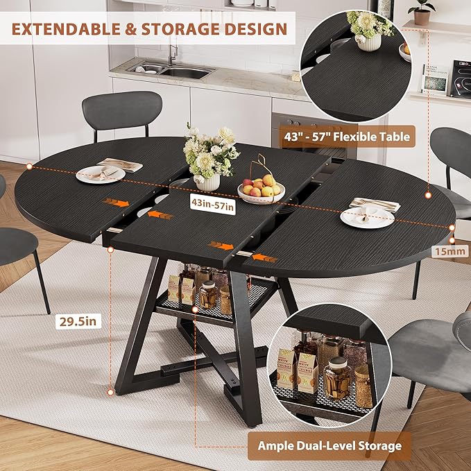 Round Dining Table Kitchen Dining Room Dinner Table for 4-6, Space Saving Extendable Oval Circle Furniture with Pedestal Base and Storage Shelf for Kitchen Living Room (Black, for 4-6)