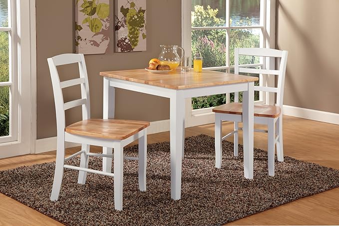 Dining Table Set with 2 Ladderback Chairs Solid Wood Parawood Kitchen/Dining Furniture, Table 30"W x 30"D x 30"H, Chairs 18.1"H x 19.3"D x 35.2"H, Seat 18"W x 18.11"D x 16.34"H