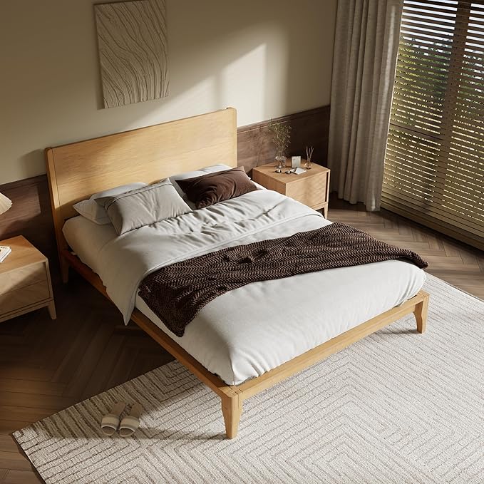 Merax Queen Size Bamboo Platform Bed, Mid-Century Modern Bed Frame with Tall Headboard, Solid Sustainable Bedframe Queen-Size, Wood Slat Support, No Box Spring Needed, Easy Assembly, Natural