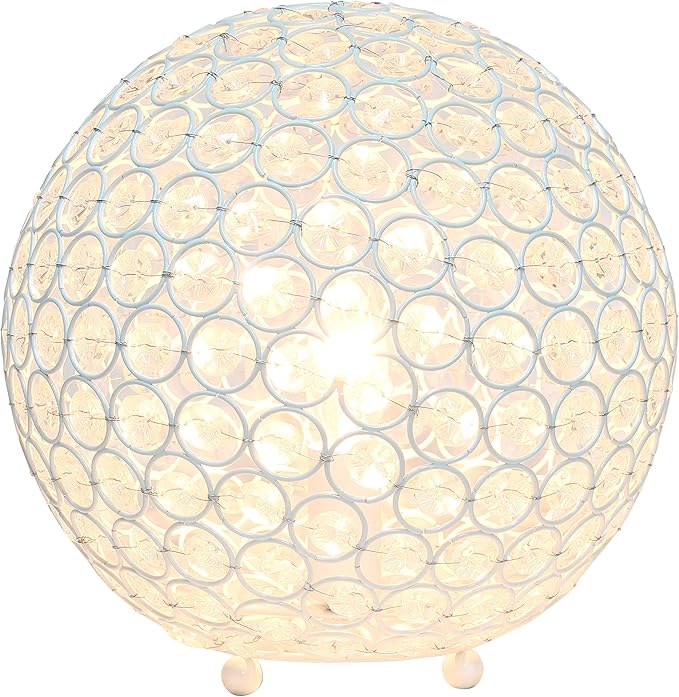 Elegant Designs LT1067-WHT 10" Elipse Crystal Collection Metal Crystal Ball Sequin Table Desk Lamp for Accent Lighting, Décor, Living Room, White