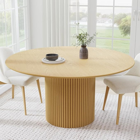 Casaphoria 60" Round Dining Table, Modern Wood Kitchen Table with Cylinder Stripe Base for Living Room & Dining Room, Easy Assembly Farmhouse Furniture for 4-6, Oak
